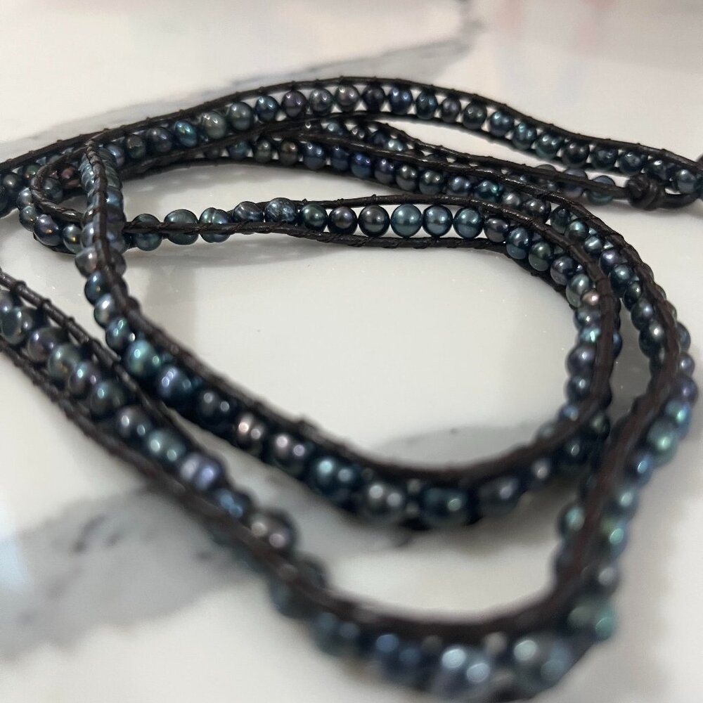 Victoria Emerson Brown Leather and Pearl Wrap Bracelet